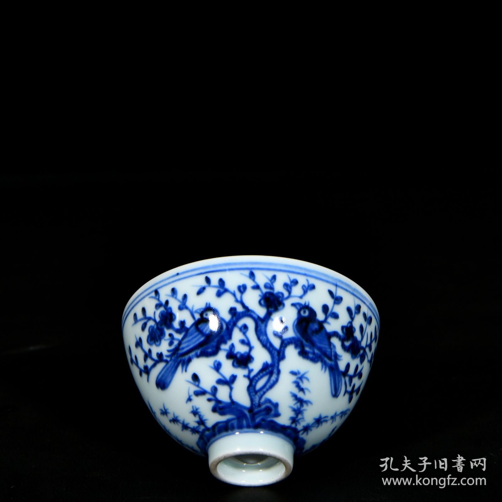 明永乐青花花鸟喜上眉梢纹鸡心杯一对5.8x9.6 厘米