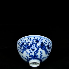 明永乐青花花鸟喜上眉梢纹鸡心杯一对5.8x9.6 厘米