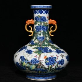 乾隆青花粉彩松鹤延年纹双耳扁肚瓶27.5x21厘米