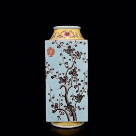 大雅斋绿釉底墨彩梅兰竹菊四方瓶35*24厘米
