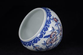清康熙青花釉里红福禄寿三多纹笔洗20x24厘米