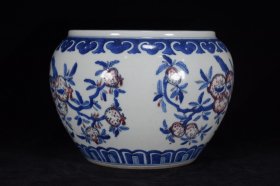 清康熙青花釉里红福禄寿三多纹笔洗20x24厘米