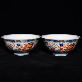道光青花五彩龙凤纹碗7x15.5厘米
