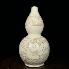 宋磁州窑珍珠地婴戏图葫芦瓶27.5x13.5厘米