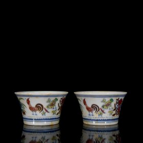 明成化红胎斗彩鸡缸杯一对4.8x8.5厘米