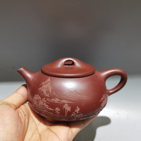 精美，宜興，紫砂壺，茶壺泥绘石瓢壶