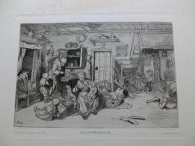 【百元包邮】《农家小屋》（BAUERNFAMILIE）1879年 蚀刻版画 纸张尺寸约34×25.1厘米（货号DGK0244）