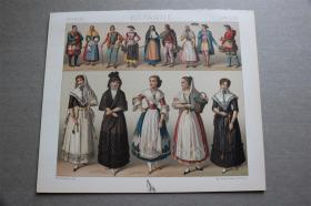 【百元包邮】】《ESPAGNE  西班牙：巴利阿里群岛和巴伦西亚省的流行服饰。》 1888年 石版画 纸张尺寸约22×18厘米 （货号S0009121）