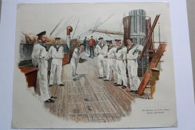【百元包邮】《上午帕拉斯的水手们正在做游戏》(die matrosen auf s.m pallas spielen blei laatsch)  1897年 小幅木刻版画  卡纸尺寸29.7×21厘米   （货号500967）