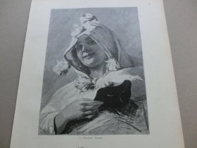 【百元包邮】《面具下的少女》（Demaskirt）1892年，大幅木刻版画， 纸张尺寸约41×28厘米。出自19世纪斯洛文尼亚画家，利昂·福通斯基（Leon Fortunski，1859-1895）的绘画作品