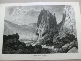 【百元包邮】《风景画：萨尔河湾与阿科悬崖城堡》（Burgruine Arco im Sarcagebiet）1880年，木刻版画， 纸张尺寸约41×28厘米。 萨尔河湾位于德国西部萨尔州，是萨尔河在流经过程中形成的天然U型河道，河道两岸全是茂密的峡谷森林，形成另人惊叹的河谷风光；阿科城堡耸立于萨尔河湾畔的山顶，建于古罗马奥古斯都时代（公元1世纪），是古罗马莱茵河-多瑙河防线组成部分