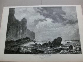 【百元包邮】《风景画：赫尔戈兰岛海岸的落日余晖》（Strandpartie an der Küste Helgoland）1882年木刻版画， 纸张尺寸约41×28厘米。出自19世纪德国画家，Christian Morgenstern（1805-1867）油画 ，赫尔戈兰岛位于德国北海出海口赫尔戈兰湾的咽喉位置，扼守德国北海威廉港、汉堡港等港口和基尔运河、易北河等入海口被誉为“北海的直布罗陀”