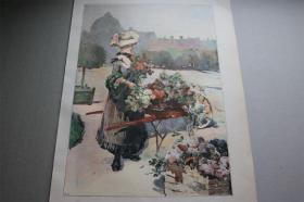 【百元包邮】】《鲜花少女》（Kinder des Gartens）  1894年 彩色平板印刷画   尺寸约41*29厘米