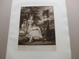 【百元包邮】 1926年“英国名人及肖像系列美柔汀铜版画”《道格拉斯的孩子们》（THE DOUGLAS CHILDREN）英国画家“John Hoppner, R.A. (1758-1810)”作品 JAMES WARD 雕刻 纸张尺寸约38×27.8厘米 手工水印纸 高档美柔汀铜版画 （货号MRT0094）