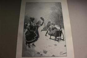 【百元包邮】《相约一起去溜冰》（Auf dem Eise）  1894年   木刻版画  尺寸约41*29厘米