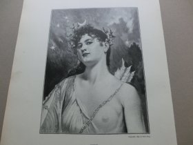 【百元包邮】《月亮女神狄安娜》（Diana）1892年，大幅木刻版画， 纸张尺寸约41×28厘米。出自19世纪著名奥地利画家，爱德华·维思（Eduard Veith，1858-1925）的油画作品，狄安娜是罗马神话中的月亮与橡树女神，罗马十二主神之一；狄安娜和手工与记忆女神弥涅尔瓦一样终身保持着贞洁，是一位严厉的处女神，她反对男女婚姻