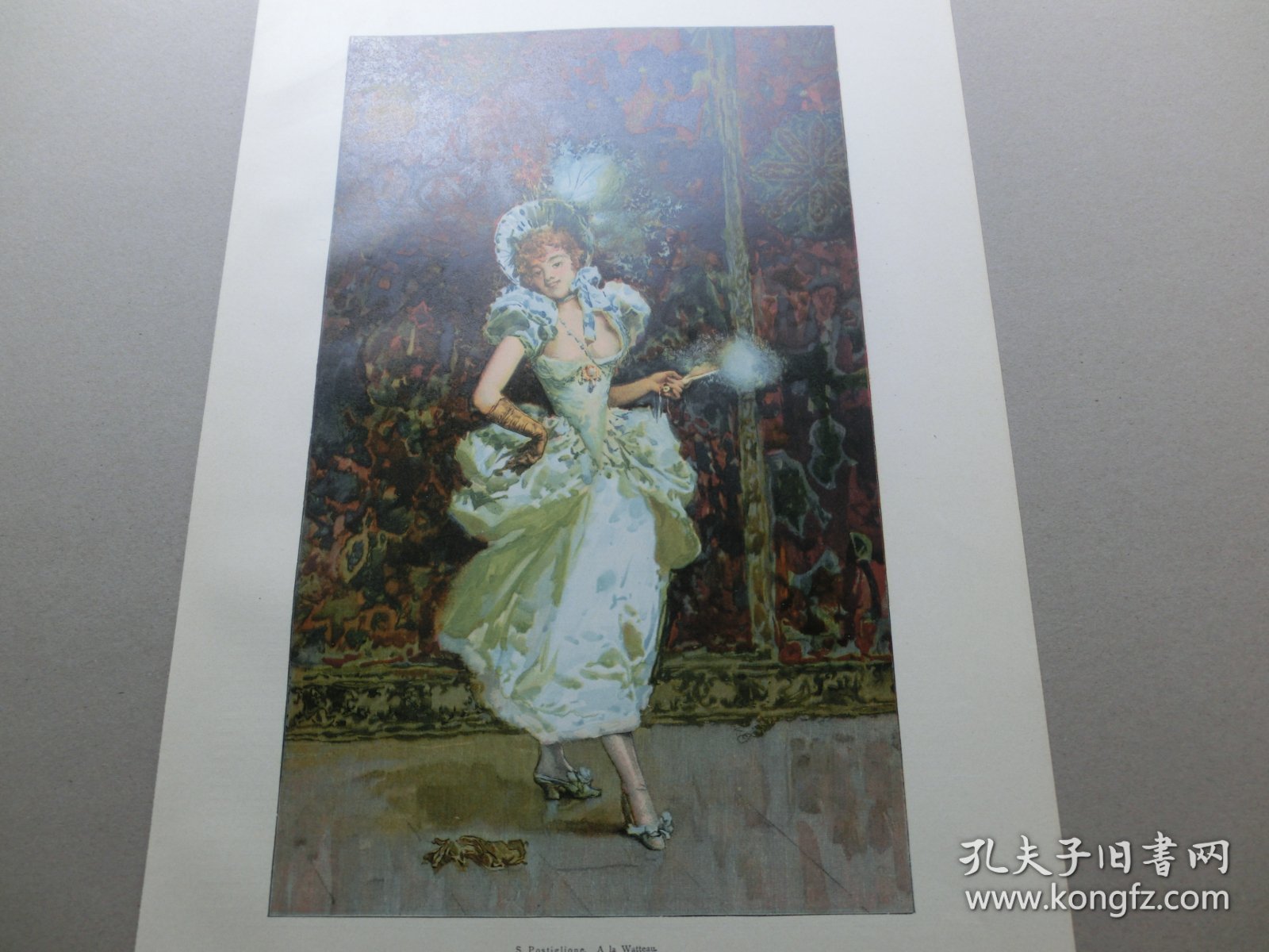 【百元包邮】《身着华托服的女郎》（A la Watteau） 1894年，彩色平版印刷画， 纸张尺寸约41×28厘米。
