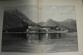 【百元包邮】巨幅《意大利加达湖美景及建筑景观》（Isola di Garda mit dem alten Kloster）  1904年     巨幅木刻版画     纸张尺寸约41×56厘米   （货号501661）