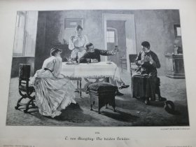 【百元包邮】《两对双胞胎》（Die Beiden Bruder） 1892年，大幅木刻版画， 纸张尺寸约41×28厘米。出自19世纪匈牙利画家，Tihamer von Margitay（1859–1922）的油画作品。