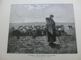 【百元包邮】《牧羊女》（Die Schäferin）1894年，木刻版画， 纸张尺寸约41×28厘米。出自著名法国巴比松派画家，让·弗朗索瓦·米勒（Jean-Francois Millet，1814-1875）的绘画作品