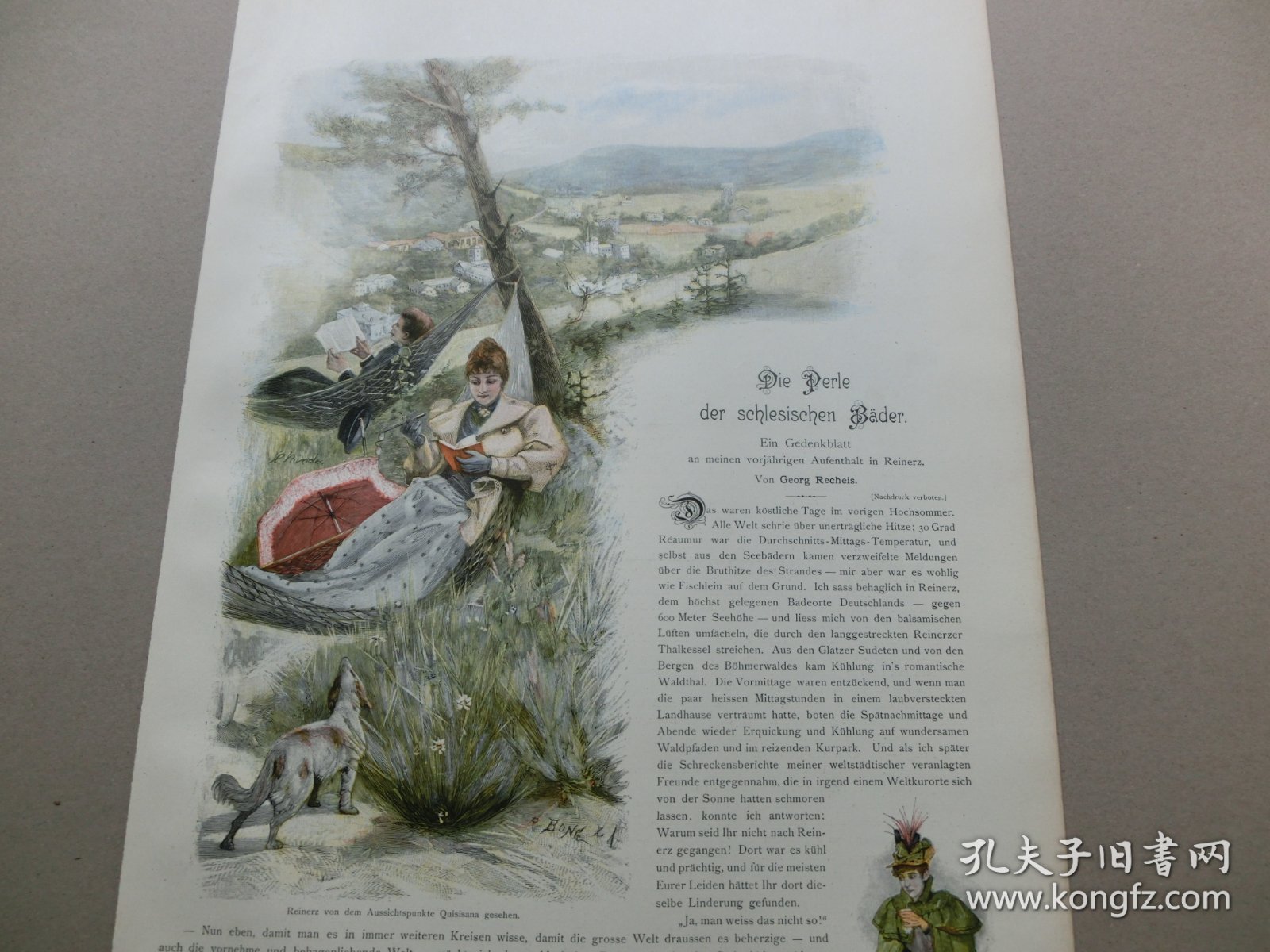【百元包邮】《郊外休闲阅读》（Reinerz von dem Aussich spunkte quisisana gesehen）  1893年，套色木刻版画， 纸张尺寸约41×28厘米。