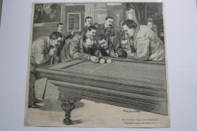 【百元包邮】《打台球时的一个重要问题》（eine wichtige frage beim billardspiel） 1897年 小幅木刻版画  卡纸尺寸29.7×21厘米   （货号500972）