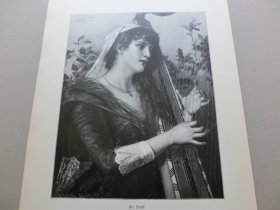 【百元包邮】《音乐，演奏乐器的美女》（Die Musik） 1894年，木刻版画， 纸张尺寸约41×28厘米。19世纪德国画家 康拉德·基塞尔( Conrad Kiesel，1846-1921)，擅长绘画细腻的年轻漂亮的女孩和妇女，因此在圈内获得了巨大成功。他的肖像画作品在柏林艺术学院展览中多次多次金奖，并在1900年巴黎世博会，1909年和1911年罗马世博会上多次展出。