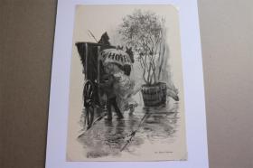 【百元包邮】   《酒店的雨伞》(der hotel-schirm )(der hotel schirm)  1893年       小幅木刻版画     卡纸尺寸29.7×21厘米   （货号501547）