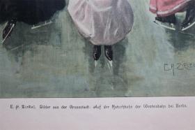 【百元包邮】】《在柏林附近的溜冰场滑梯上》（auf der rutschbahn der westeisbahn bei berlin）  1894年 彩色平板印刷画   尺寸约41*29厘米