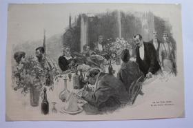 【百元包邮】    《在酒店的生活》(an der table d'hote zu dem artikel hotelleben)   1893年       小幅木刻版画     卡纸尺寸29.7×21厘米   （货号501538）