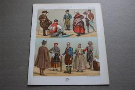【百元包邮】】《ESPAGNE   西班牙：莱昂、卢戈、阿拉贡、老卡斯蒂利亚等地区的服饰。》 1888年 石版画 纸张尺寸约21×18厘米 （货号S0009115）