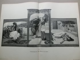 【百元包邮】《遭遇恶魔》（der dämon der liebe）1893年，大幅木刻版画， 纸张尺寸约56×41厘米。出自美国画家，弗雷德里克·亚瑟·布里奇曼（Frederick Arthur Bridgman,1847-1928）的油画作品，以“东方主义”主题画而闻名