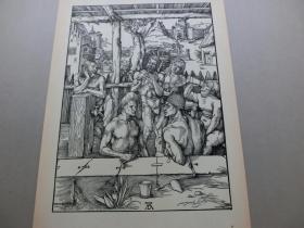 【百元包邮】 大幅 丢勒（Albrecht Dürer）作品系列之5 《浴室外间悠闲的人们》 木刻版画 1910年代 木刻版画 纸张尺寸约47.8×34厘米（货号XK0146）