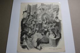 【百元包邮】《在巨型剧院的窗帘后面》（hinter den coulissen eines riesen theaters jumbo's toilette）   1897年 小幅木刻版画  卡纸尺寸约29.7×42厘米   （货号500997）