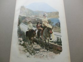 【百元包邮】《里维埃拉海边小路，骑毛驴》（An der Riviera）1893年，套色木刻版画， 纸张尺寸约41×28厘米。出自19世纪德国画家，Christian Emil Rosenstand（1859–1932）作品。