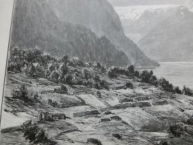 【百元包邮】1891年《乌伦斯旺的哈丹格福峡湾》（der hardangerfjord mit der folgefonna bei ullensvang）木刻版画 纸张尺寸约41×28厘米（货号603286）