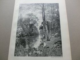 【百元包邮】《瓦尔巴赫风光：垂钓》（Am Waldbache） 1893年，木刻版画， 纸张尺寸约41×28厘米。出自出自19世纪挪威风景画家，Ludwig Munthe （1841–1896）的油画作品