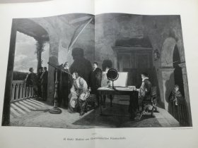 【百元包邮】《伽利略在佛罗伦萨的宫殿观察天文》（Galilei am florentinischen Fürstenhofe）1893年，大幅木刻版画， 纸张尺寸约56×41厘米。出自意大利画家,安尼巴莱·加蒂（Annibale Gatti1828-1909）油画作品，以历史绘画和壁画装饰而闻名。