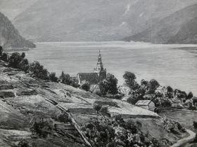 【百元包邮】1891年《乌伦斯旺的哈丹格福峡湾》（der hardangerfjord mit der folgefonna bei ullensvang）木刻版画 纸张尺寸约41×28厘米（货号603286）