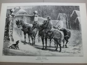 【百元包邮】《风景画：风雪圣诞夜》（Postillons Christnacht）1880年，木刻版画， 纸张尺寸约41×28厘米。出自19世纪德国动物画家、雕刻家，Ludwig Beckmann（1822–1902）的原创木刻作品