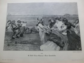 【百元包邮】《海边舞会：卡德里尔舞（四对舞）》（Eine Quadrille）1892年，大幅木刻版画， 纸张尺寸约41×28厘米。出自19世纪意大利画家，Angelo dall' Oca Bianca（1858–1942）的绘画作品。