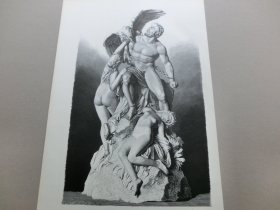 【百元包邮】《大理石雕塑：被缚的普罗米修斯》（Eduard Muller's Prometheus）1880年，木刻版画， 纸张尺寸约41×28厘米。出自19世纪德国雕塑家，Eduard Müller（1828–1895）雕塑作品，藏于德国柏林国家美术馆 -- 天神普罗米修斯盗来火种送给人类，激怒了众神之主宙斯，宙斯命令威力神和火神将普罗米修斯钉在高加索的悬崖上