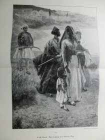 【百元包邮】《奥斯曼贵族的散步》（Spaziergang des kleinen Bey）1893年，大幅木刻版画， 纸张尺寸约56×41厘米。出自德国东方主义画家费迪南德·马克斯·布雷特(Ferdinand Max Bredt,1860 - 1921年)作品