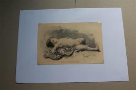 【百元包邮】《(罗马神话中的)爱神休眠》（schlummernder amor ）   1902 年木刻版画  卡纸尺寸约29.7×21厘米 （货号500807）