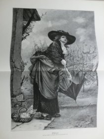 【百元包邮】《雨中佳人》（Platzregen） 1880年，大幅木刻版画， 纸张尺寸约56×41厘米。出自19世纪德国画家，斯特凡尼·潘内马克（Stephane Pannemaker，1847-1930）作品