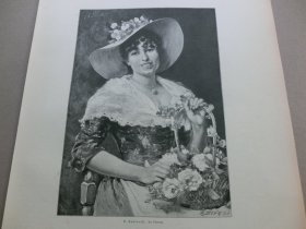 【百元包邮】《卖花姑娘》（La Fioraia）1892年，大幅木刻版画， 纸张尺寸约41×28厘米。出自19世纪著名意大利肖像画家，费德里科·安德烈奥蒂（Federico Andreotti，1847–1930）的油画作品