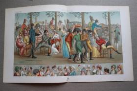 【百元包邮】】《FRANCE    法国：1799-1804年，执政府时期，人们的服饰及女子的各式帽子（下）。》 1888年 石版画 纸张尺寸约22×36厘米