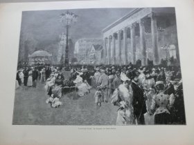 【百元包邮】《巴登巴登疗养公园内的圣诞夜狂欢》（Im Kurpark von Baden-Baden）1892年，木刻版画， 纸张尺寸约41×28厘米。出自19世纪德国画家，Friedrich Stahl（1863–1940）的水彩画作品