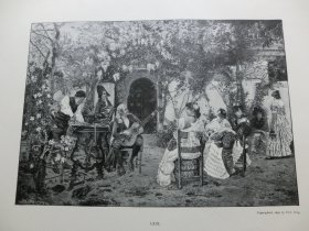 【百元包邮】《爱的旋律》（Ein Liebeslied）1892年，大幅木刻版画， 纸张尺寸约41×28厘米。出自19世纪西班牙画家，José Gallegos y Arnosa （1859–1917）的油画作品。