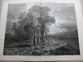 【百元包邮】1891年 巨幅木刻版画《暴风雨中的卢塞恩湖橡树》（Eichen im Sturm am Vierwaldstätter see） 纸张尺寸约54×41厘米（货号603313）